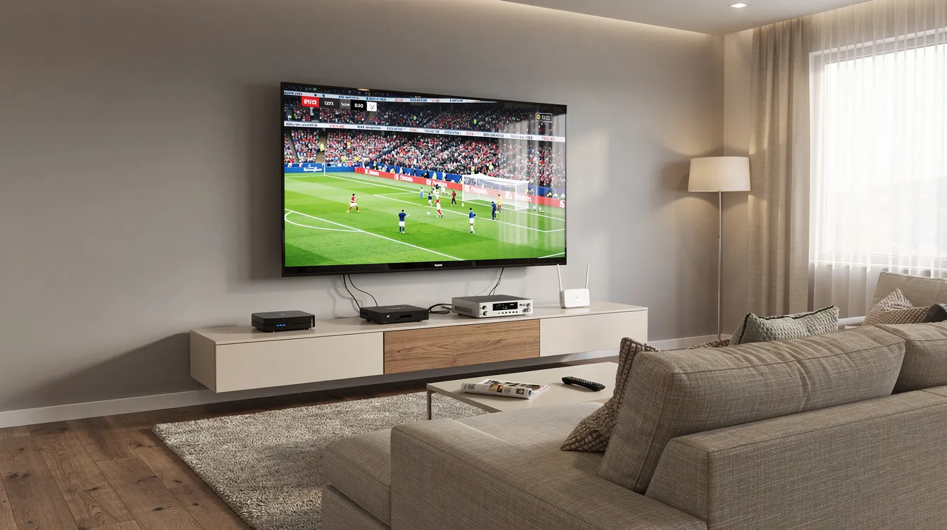 The image features a modern living room with a large flatscreen TV showcasing a vibrant sports broadcast, highlighting various live TV channels. Below the TV, there are streaming devices neatly arranged on a shelf, emphasizing the convenience of IPTV services for watching international sports channels and live events.