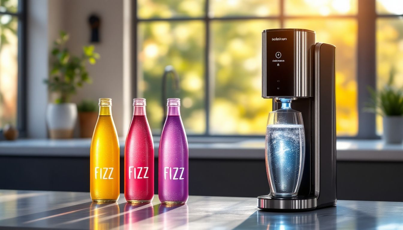 An eco-friendly setup featuring a SodaStream sparkling water maker with reusable bottles.