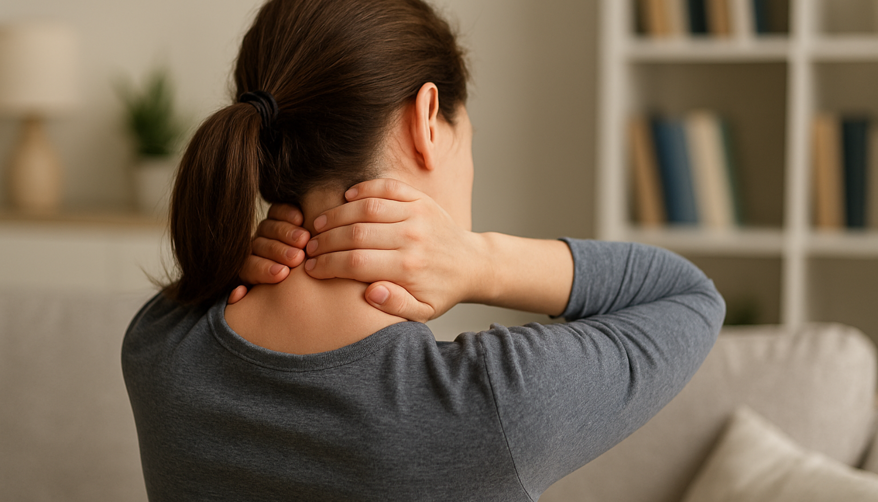 Kvinne som holder nakken med begge hender, tydelig smerte i nakke og bakhode, omgitt av en rolig stue med planter og bøker. smerter nakke og bakhode