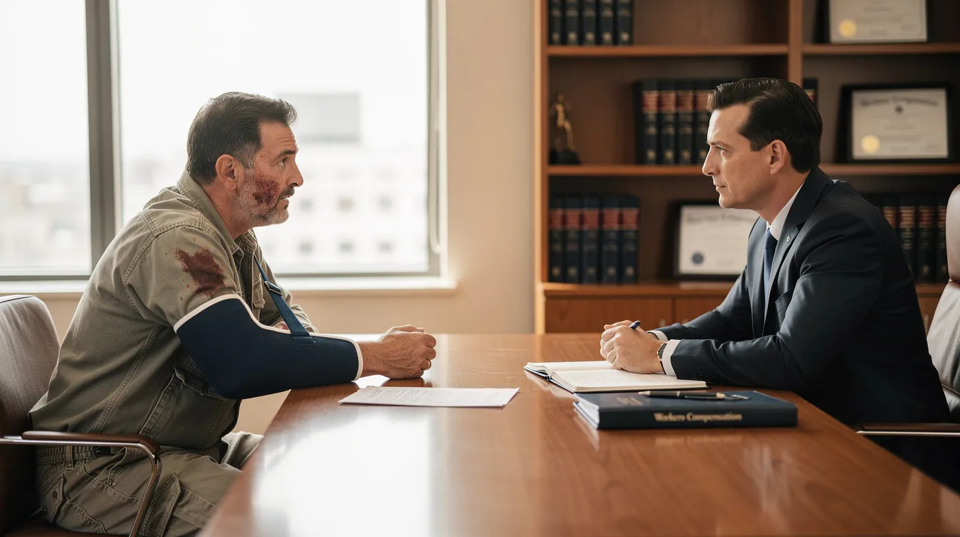 An injured worker is seated across from a workers compensation attorney in a professional office setting, discussing the details of their workers compensation claim. The attorney is reviewing medical records and explaining the mediation process to help the worker understand their rights and potential financial compensation for lost wages and medical expenses.