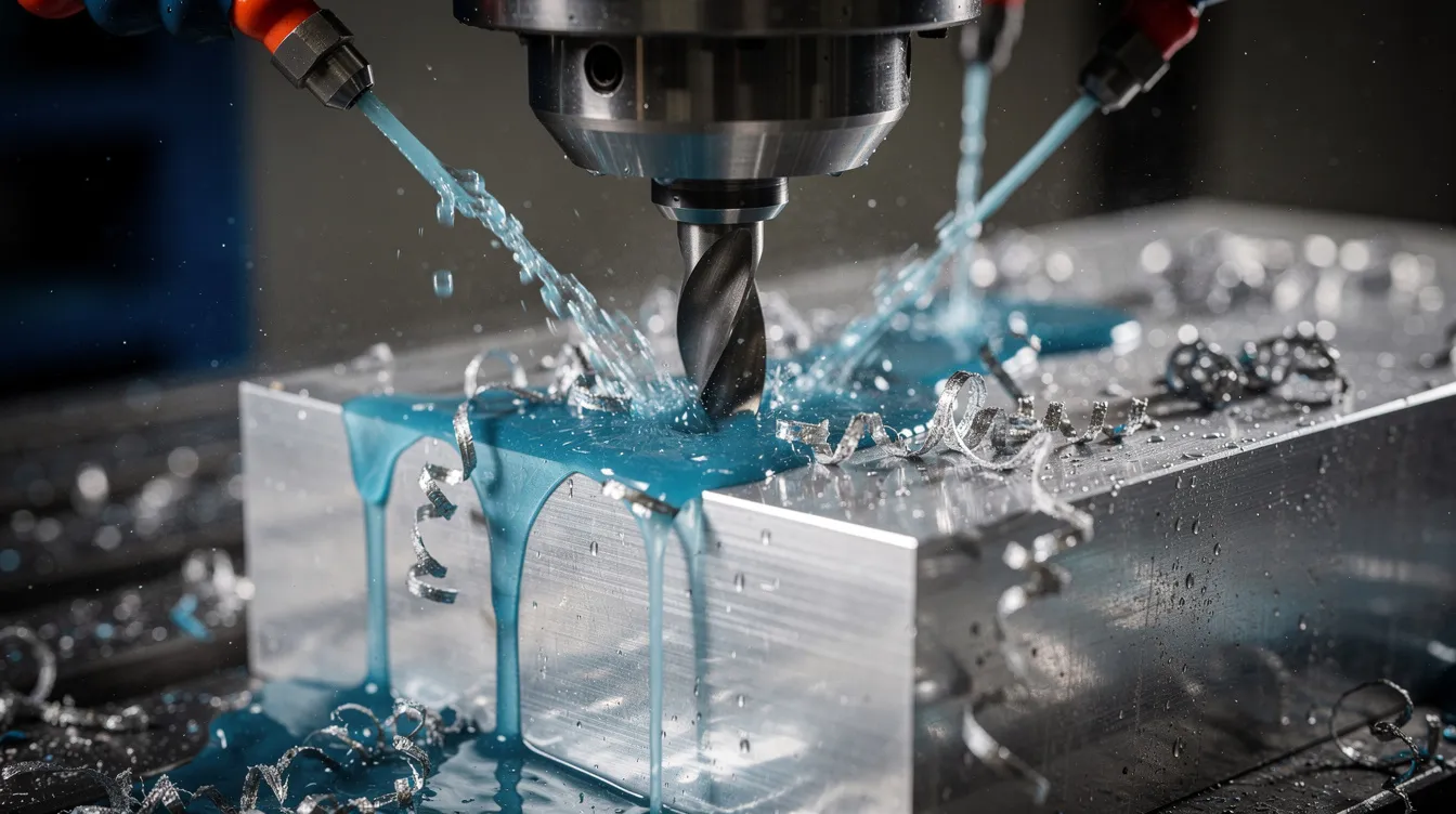 A close-up view of a CNC milling machine actively cutting through an aluminum block, with a coolant system spraying coolant onto the workpiece to ensure efficient cooling and maintain optimal performance. The image highlights the precision and functionality of CNC machines, emphasizing the importance of proper maintenance and regular inspections to prevent tool wear and ensure smooth operation.