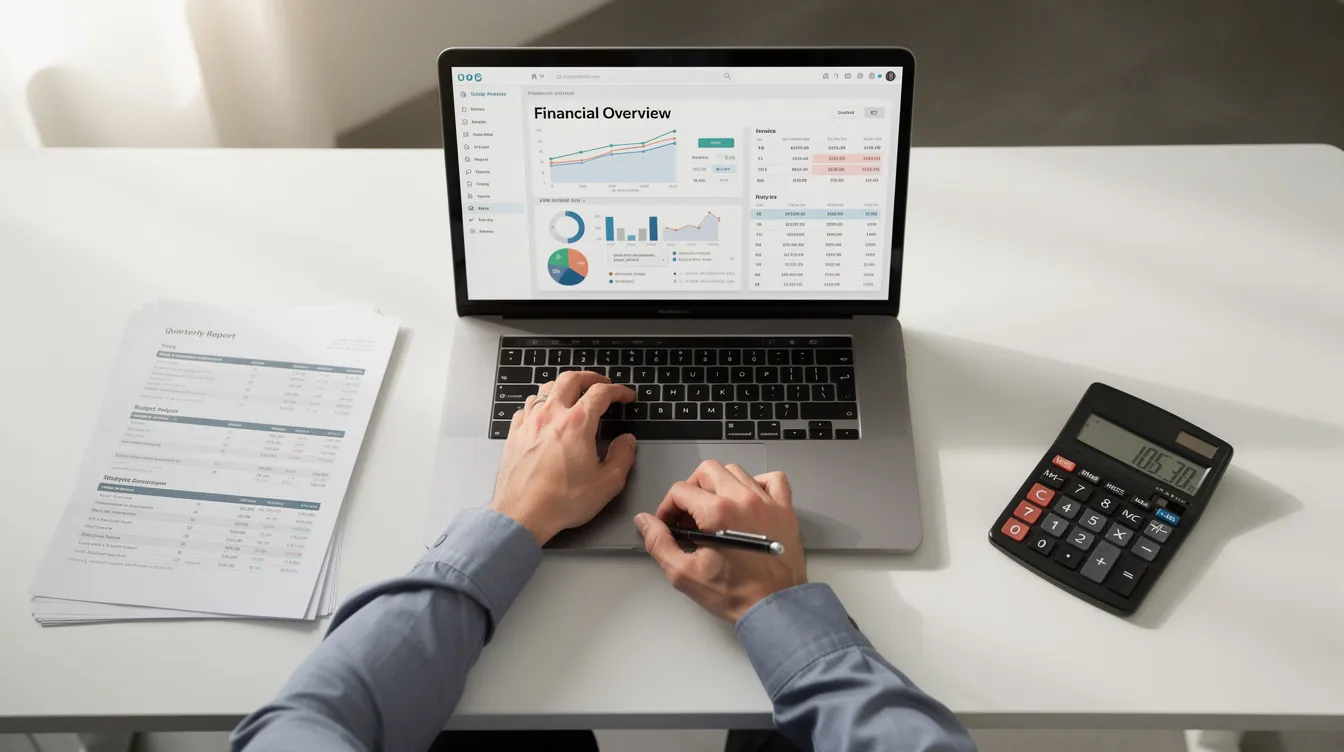 The image shows a person focused on their work at a desk, equipped with a laptop, calculator, and a stack of financial documents, likely related to the homebuying process, including topics such as earnest money deposit and closing costs. This setting reflects the meticulous planning and calculations involved in securing a mortgage loan and understanding the total purchase price.