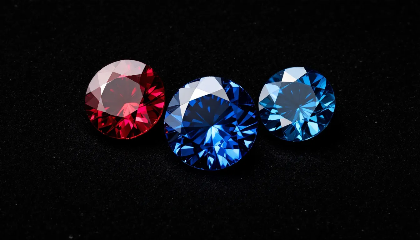 A stunning display of December birthstones showcases a trio of beautiful gemstones: vibrant blue topaz, rich turquoise, and striking tanzanite, all set in elegant sterling silver. The gemstones exhibit various violet hues and sky blue tones, making them perfect for December birthdays and daily wear jewelry.