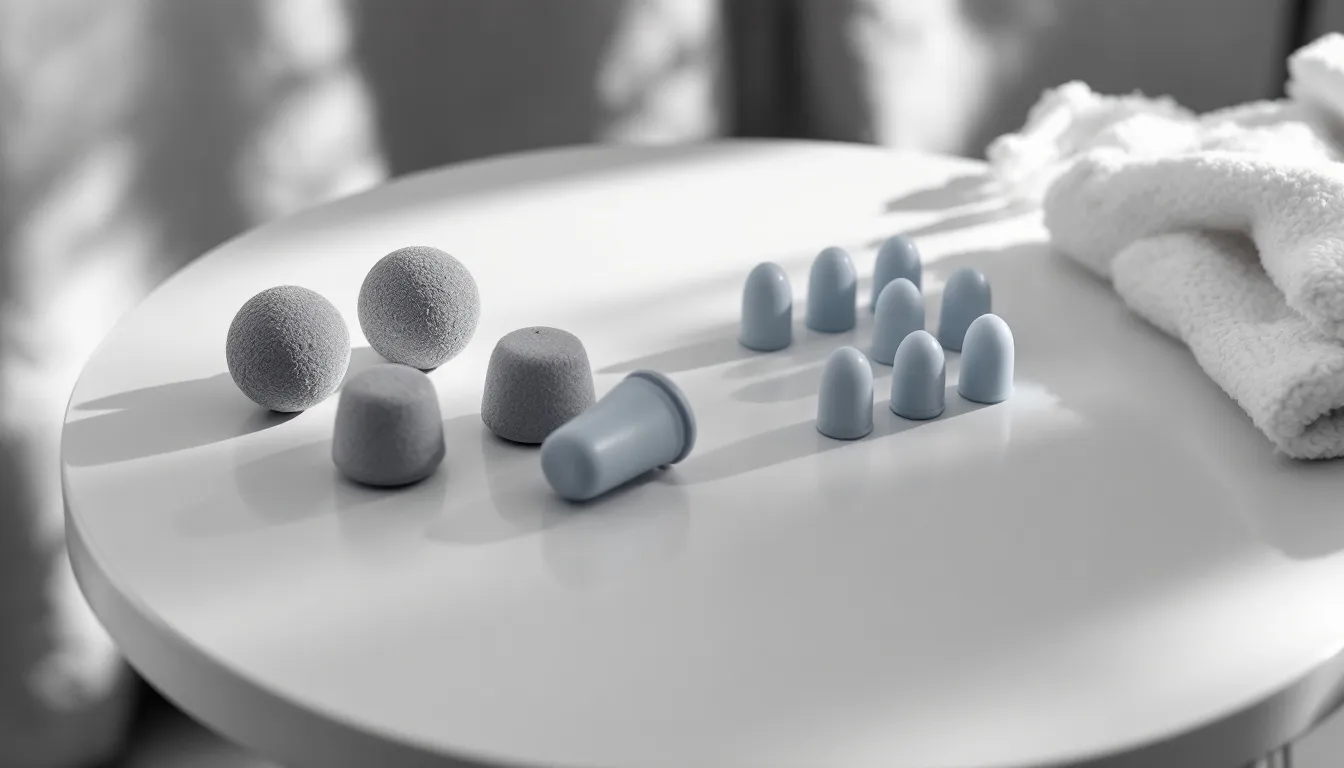 Different types of sleep ear plugs including foam, wax, and silicone, arranged neatly on a table.