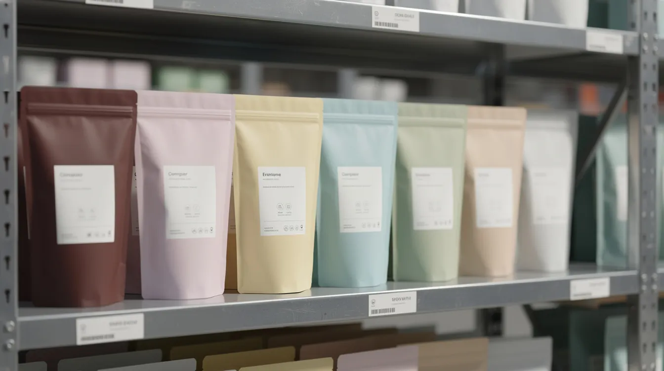 e986273f 82f0 4cf0 ae65 6bac0937e3d2 The image features neatly arranged sealed food pouches on a warehouse shelf, illuminated by controlled lighting, showcasing various instant poha mix options ready for easy access. Each pouch contains ingredients for preparing soft and fluffy poha, perfect for busy mornings or a quick home-cooked meal.