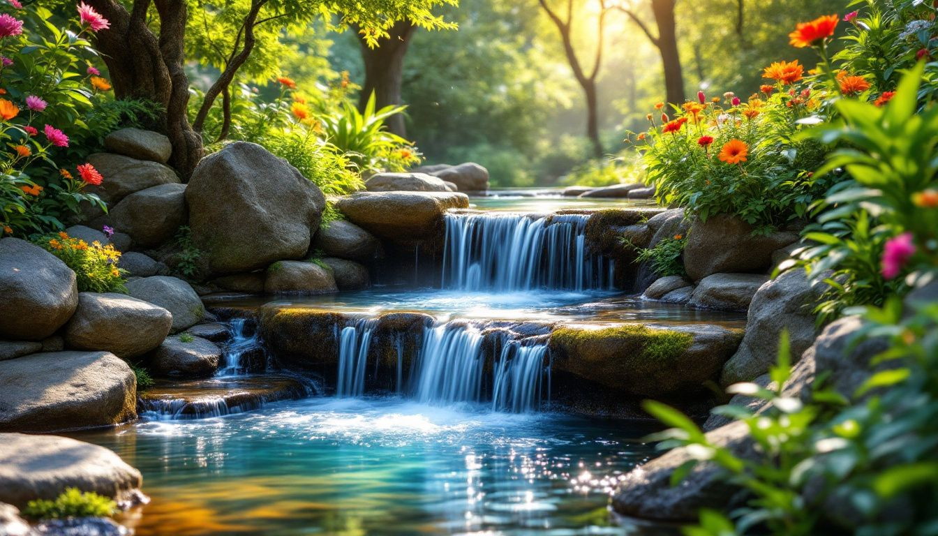 A guide to pondless waterfalls showcasing a natural looking waterfall in a backyard.