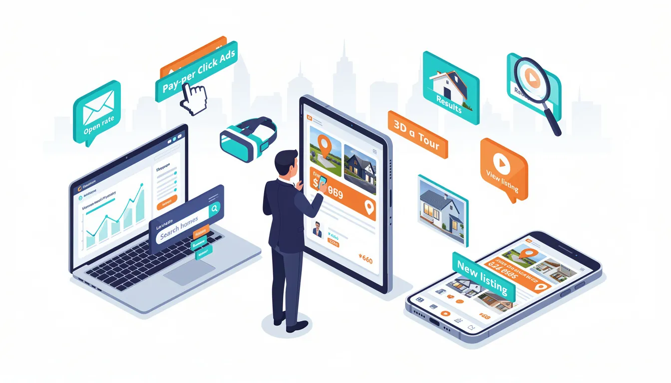 The image illustrates various real estate marketing tactics utilized by real estate professionals, showcasing digital marketing strategies, virtual property tours, and innovative solutions powered by real estate technology. It highlights the importance of adapting to market trends and consumer preferences to enhance the customer experience in the real estate industry.