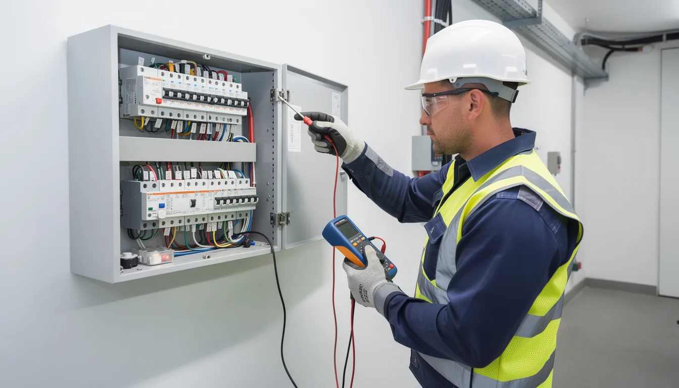 A professional electrician in safety gear is focused on working with a modern distribution board, ensuring the installation meets safety standards and local regulations. This image highlights the electrician's expertise in resolving electrical issues and maintaining electrical systems in a commercial setting.