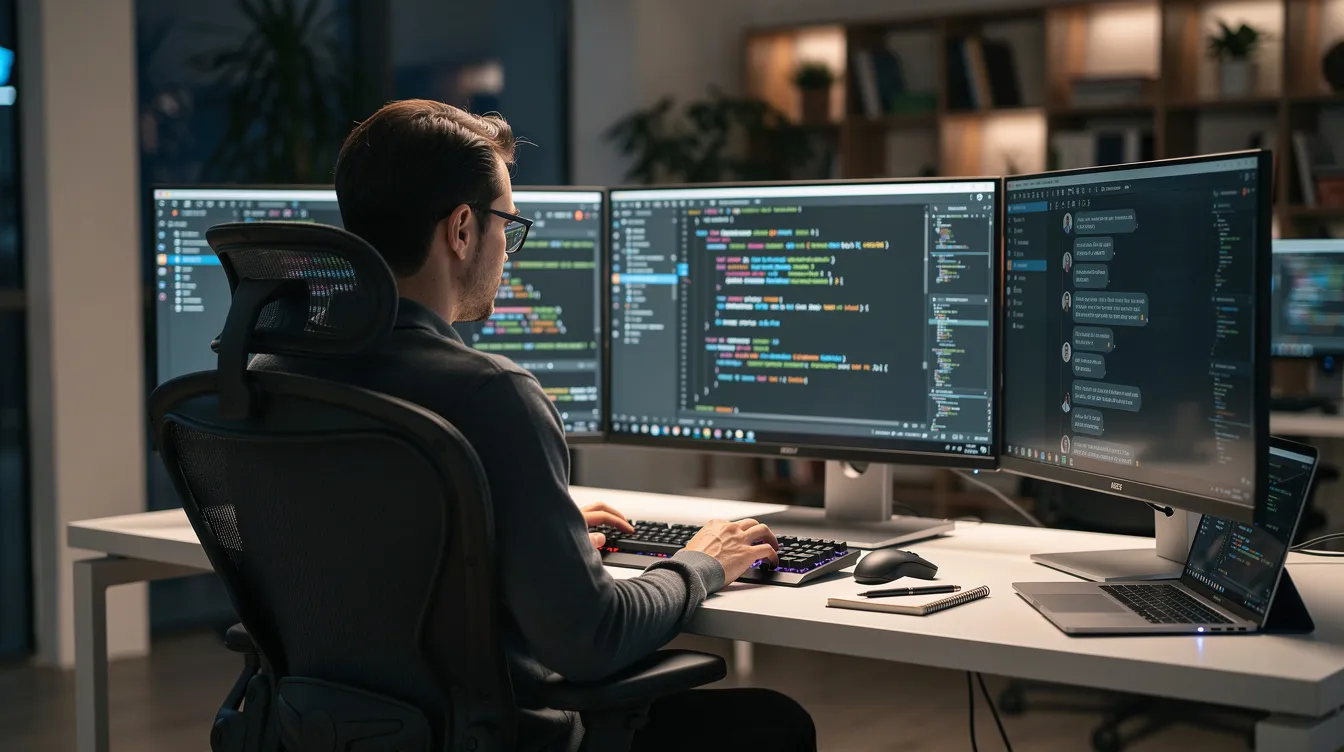 The image shows a person seated at a desk surrounded by multiple computer monitors, each displaying lines of code and chat interfaces from various messaging platforms. This setup suggests an environment where the user is managing tasks and interacting with personal AI agents, possibly utilizing an OpenClaw instance for enhanced productivity and communication.