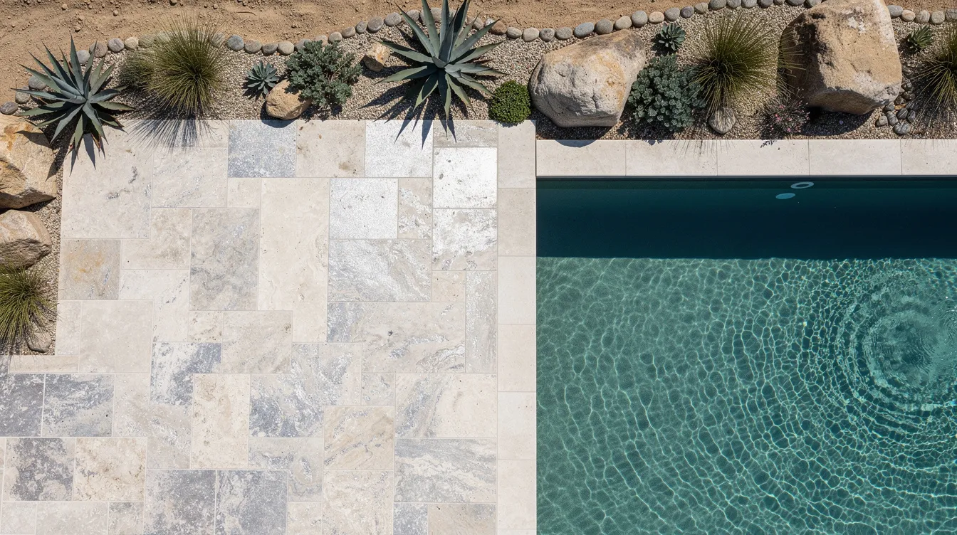 An overhead view showcases a stunning French pattern travertine patio in mixed ivory and silver tones, adjacent to a sparkling pool. The outdoor space is accentuated with desert plants and natural boulders along the edge, creating a beautiful and inviting area for homeowners to enjoy.