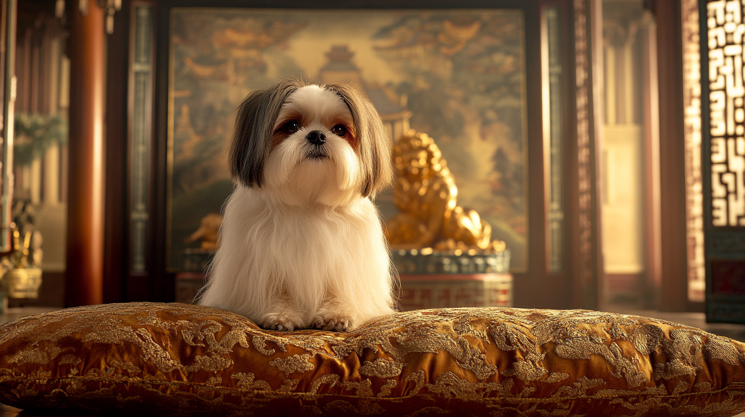 An historic image of a Shih Tzu in an imperial Chinese bedroom