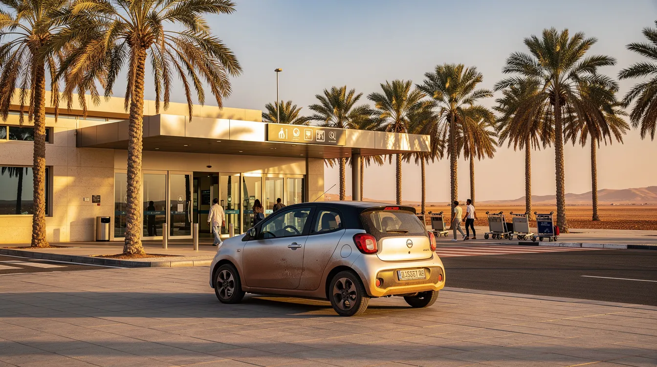 Piccola auto parcheggiata all'ingresso di un aeroporto con palme.