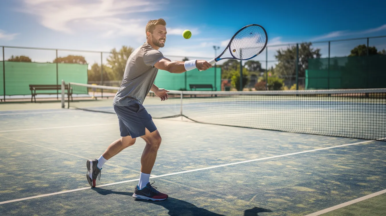 A recreational tennis player is practicing a forehand stroke on an outdoor hard court during a sunny afternoon. The player focuses on their swing path and racquet angle as they hit the ball with a smooth motion, demonstrating good technique and balance while aiming for directional control.