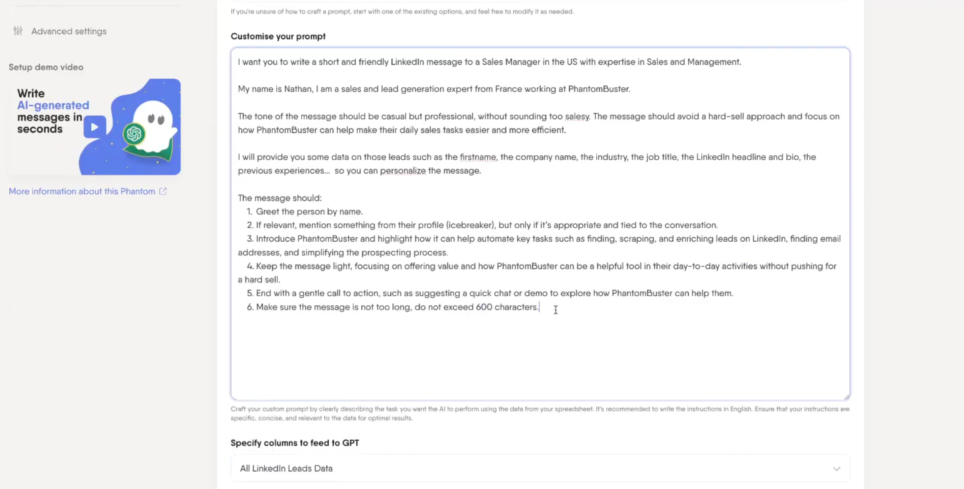 LinkedIn Message Writer PhantomBuster