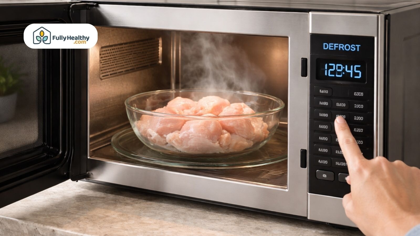 Chicken breasts in glass bowl using defrost setting inside microwave oven