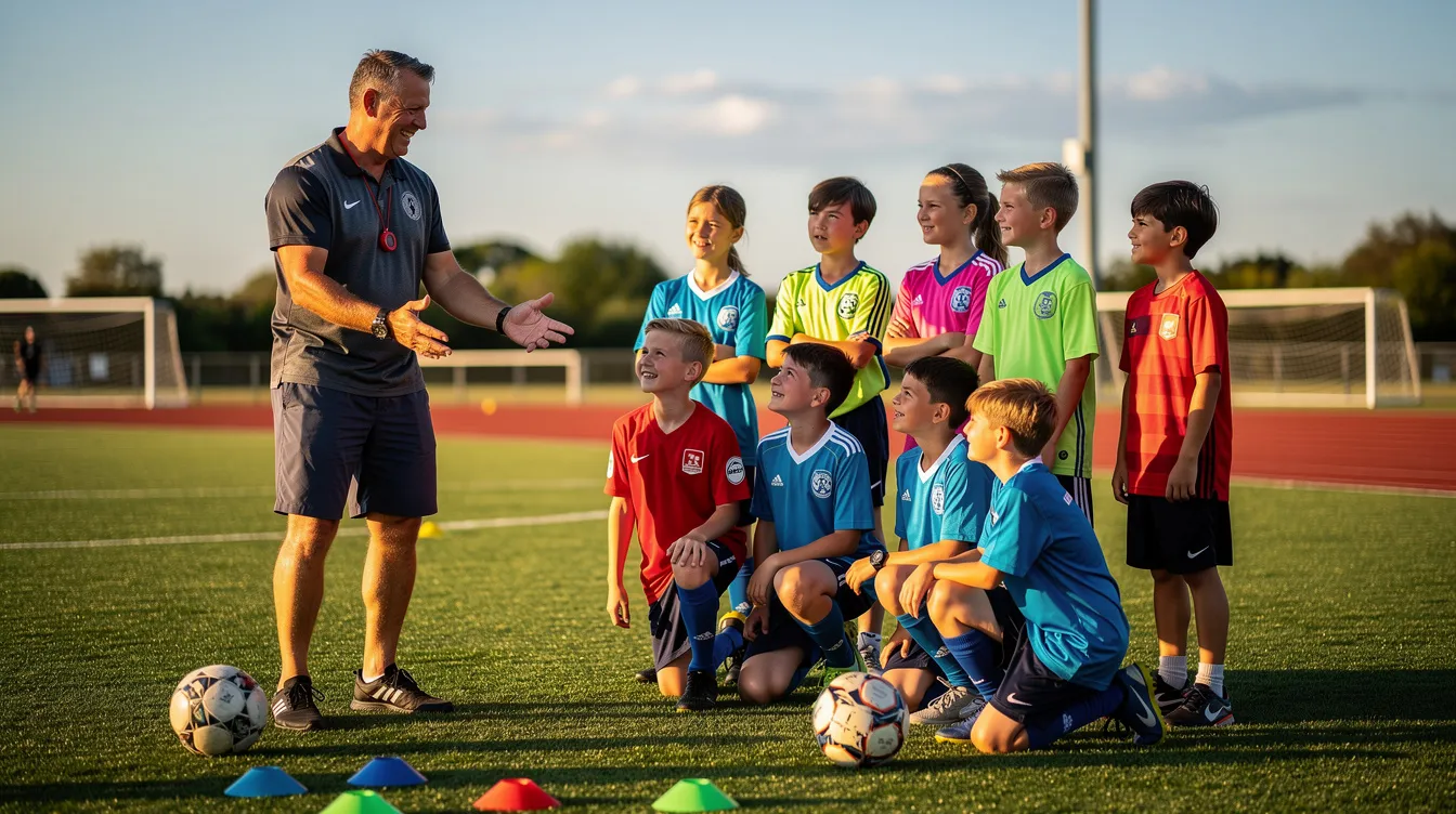 Ein ehrenamtlicher Trainer steht auf einem Sportplatz im Freien und leitet eine Gruppe junger Sportler, die aktiv an einem Training teilnehmen. Die Szene zeigt Menschen in Bewegung, die gemeinsam Sport treiben und dabei Teamgeist und Zusammenarbeit fördern.