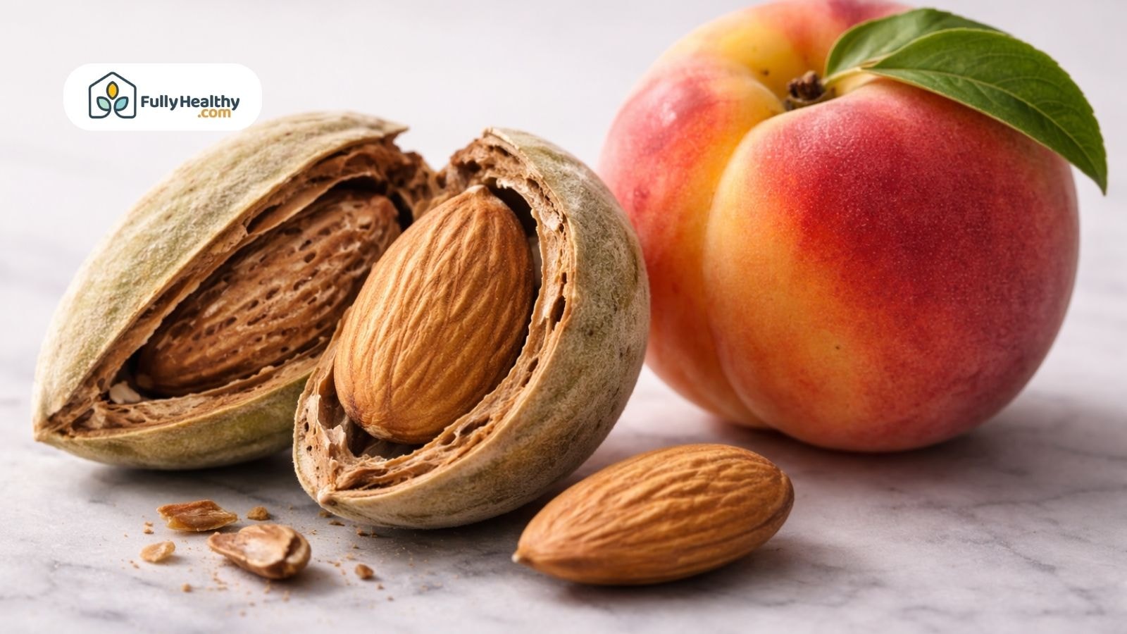 Cracked almond shell beside peach showing stone fruit comparison