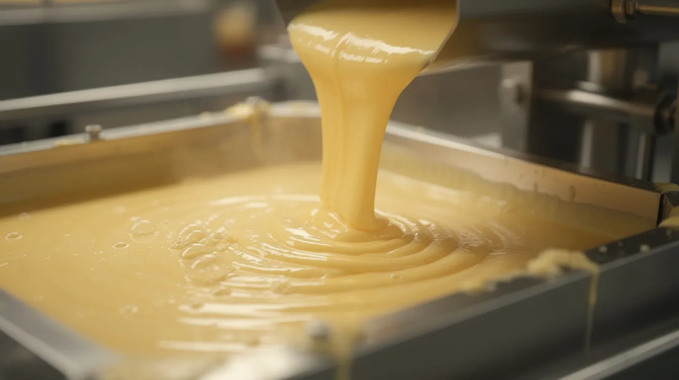 e9904ce6 40ae 4c1b bced f3f9c6a78ce4 A close-up view captures molten golden cheese being poured from industrial cooking equipment into a forming mold, showcasing the cheese production process in a cheese processing plant. The image highlights the advanced machinery used in the manufacturing of processed cheese, emphasizing its creamy texture and rich color.