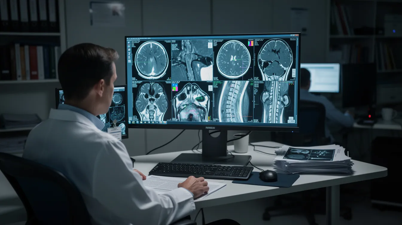 A radiologist sits in a dimly lit reading room, intently reviewing multiple medical scans displayed on a large monitor, highlighting the critical role of human workers in the healthcare industry amidst advancements in technology like artificial intelligence. This scene illustrates the ongoing need for skilled professionals to make better decisions for patient care, while also raising concerns about job displacement in the future.
