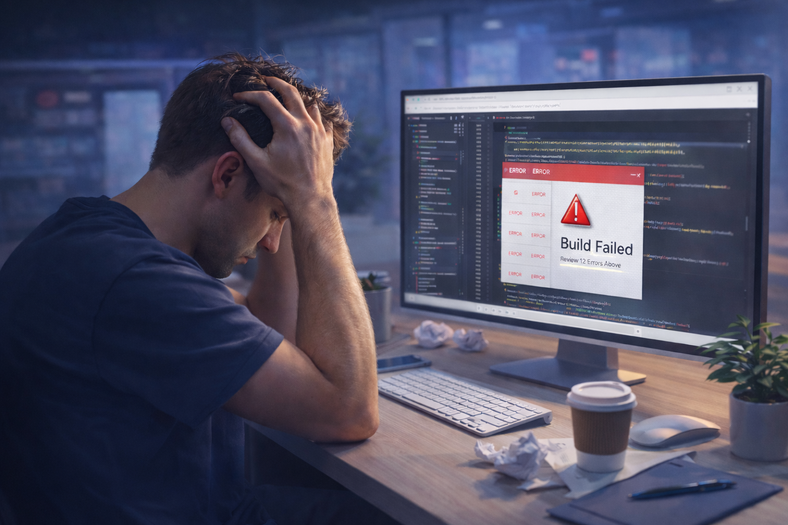 Image of frustrate developer sitting at his computer, because his UI was not any good and he had trouble getting his big ideas and export designs aligned for his project.