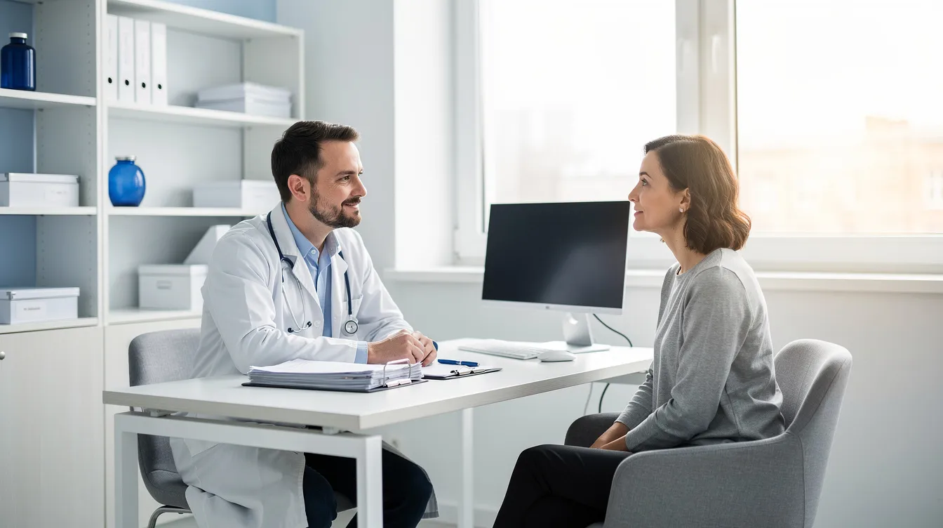 The image shows a doctor and a patient engaged in a discussion in a bright, modern medical office, likely focusing on weight management strategies, including options like Wegovy and Ozempic, which are FDA-approved medications for meaningful weight loss and blood sugar control. The environment conveys a sense of professionalism and comfort, emphasizing the importance of healthcare provider guidance in managing chronic weight conditions and overall metabolic health.