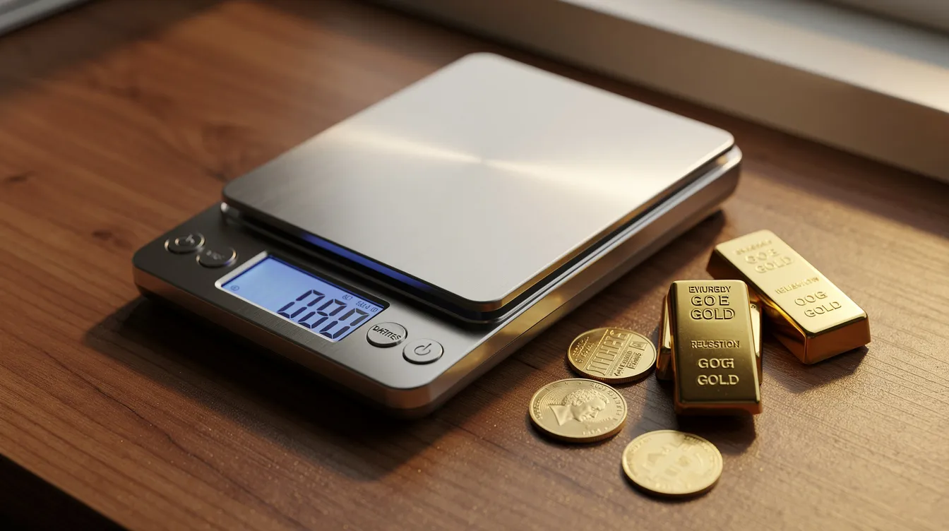 A close-up view of a compact digital precision scale placed on a wooden desk, accompanied by small gold items. The digital weighing scale features a sleek design and is ideal for accurate measurements, making it a great tool for tracking body weight and overall health.