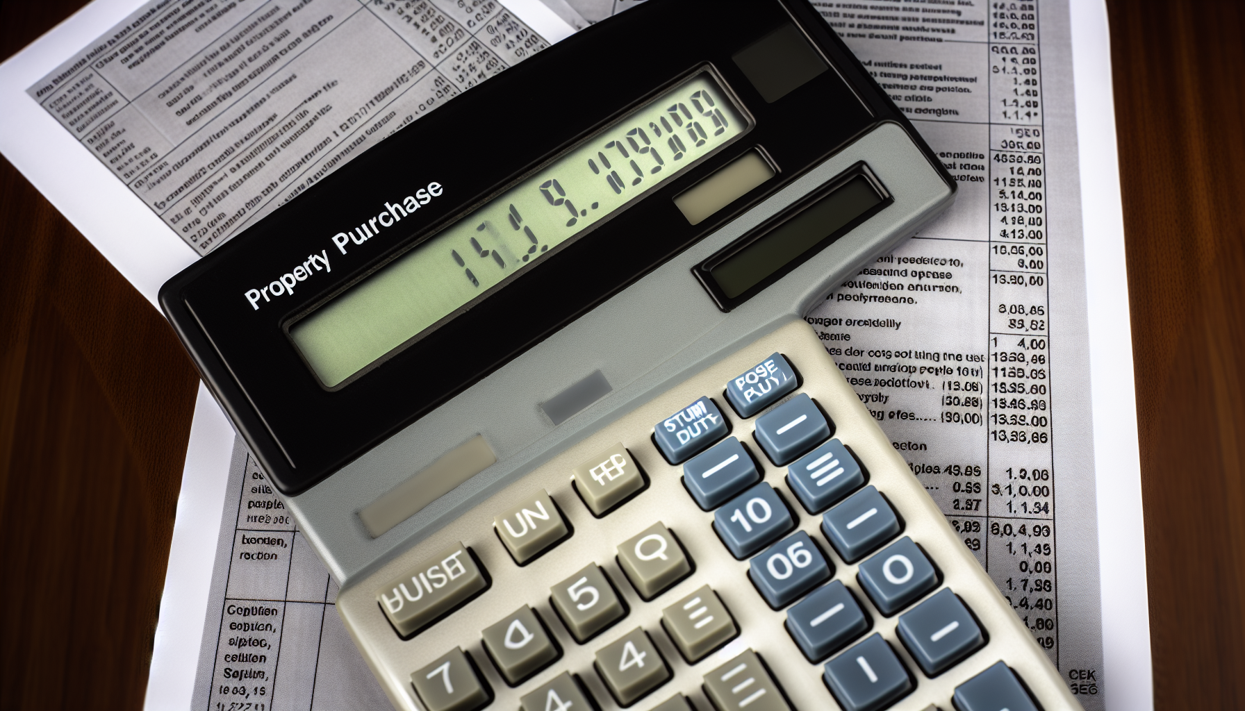 Photo of a calculator with property purchase cost calculations