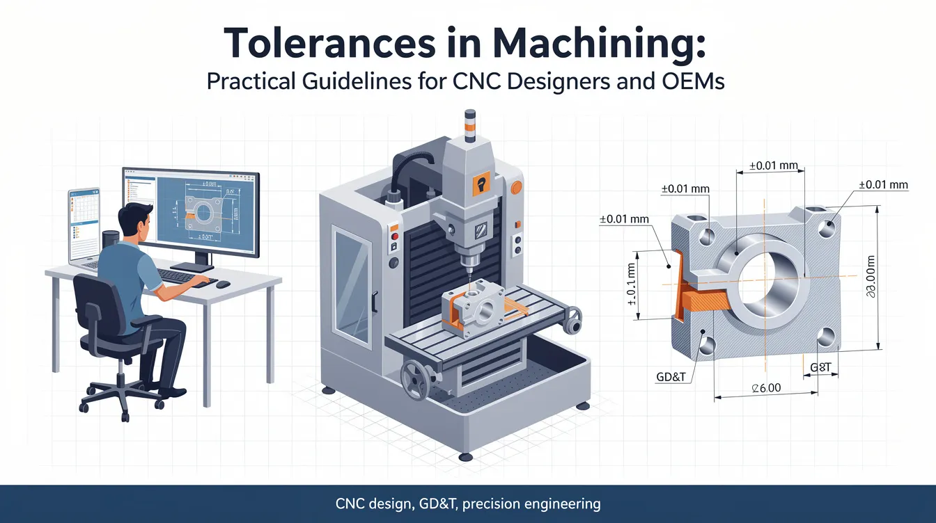 The image depicts a detailed diagram illustrating tolerances in CNC machining, highlighting key concepts such as tight tolerances, geometric dimensioning, and the importance of dimensional accuracy for aerospace components and medical devices. It features various machined surfaces, including flat and perpendicular surfaces, alongside examples of critical dimensions and limit tolerances essential for quality control in precision machining processes.