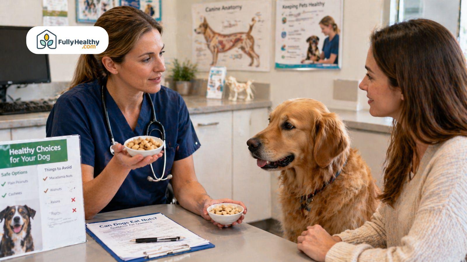 Veterinarian discussing safe nuts with dog owner and golden retriever patient