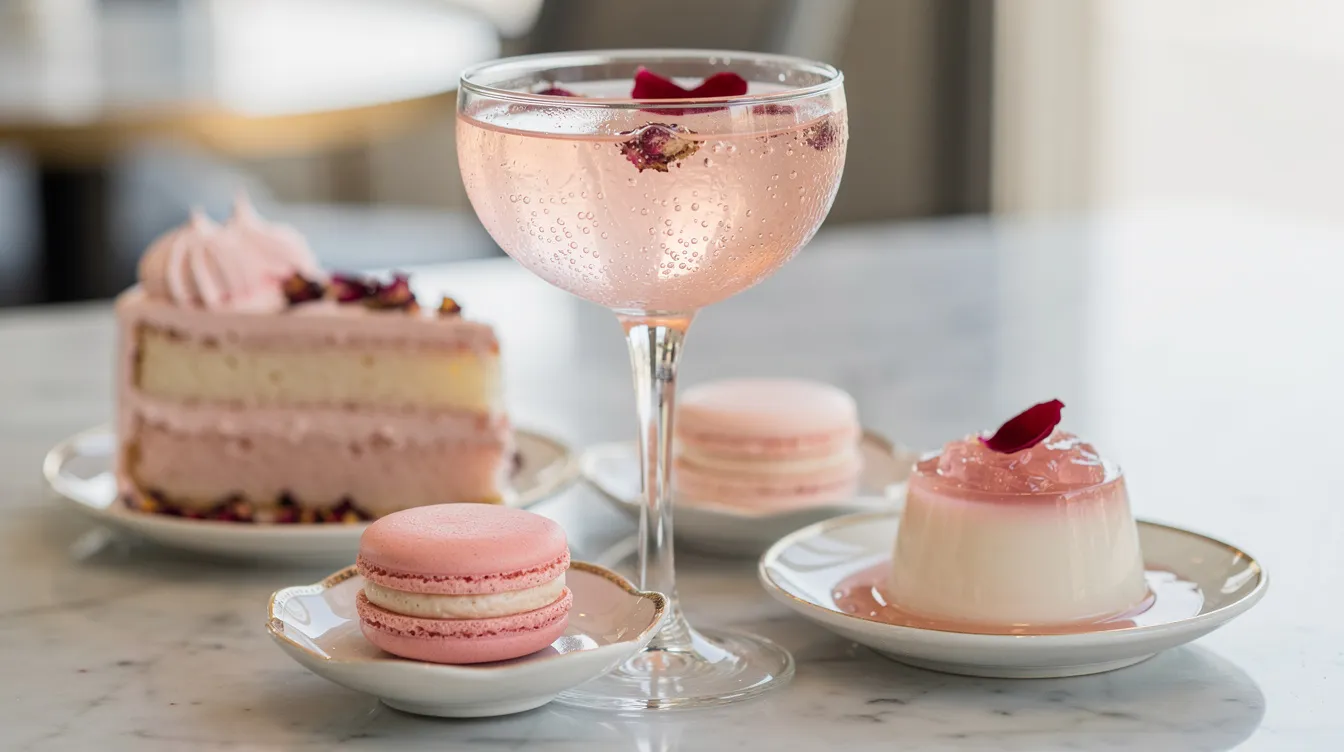 The image features an array of rose-flavored desserts, including delicately crafted pastries, alongside a glass of pale floral drink, possibly made with pure rose water or rose essence. The scene captures the sweet, aromatic essence of culinary traditions that use rose petals, evoking a natural floral scent that enhances both flavor and aesthetics.