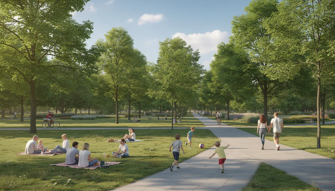 W zielonym parku z alejkami spacerowymi widać rodziny odpoczywające na trawie, cieszące się świeżym powietrzem i kameralnym klimatem. To idealne miejsce na relaks w prestiżowej dzielnicy Warszawy, gdzie można również poszukiwać wymarzonej nieruchomości.