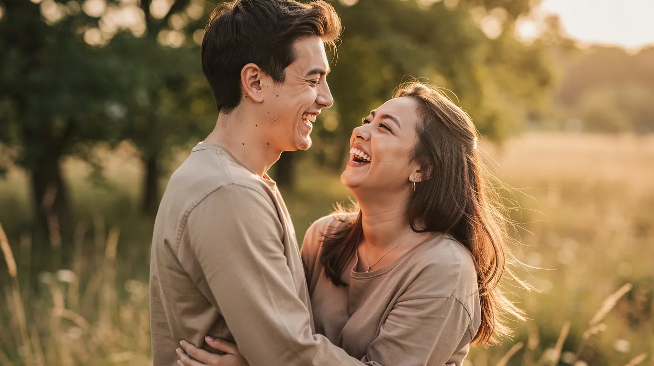 A couple shares genuine laughter in a natural outdoor setting, embodying emotional intimacy and a deep bond that reflects their strong connection. Their joyful expressions and open communication create a safe space where they feel connected and understood, highlighting the importance of mutual understanding in healthy relationships.
