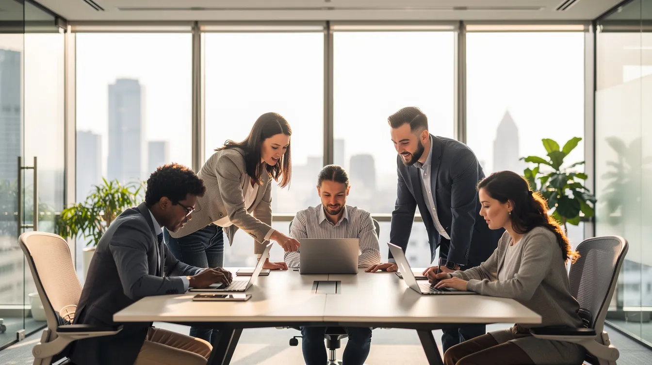 A diverse team of professionals collaborating around a modern workspace.