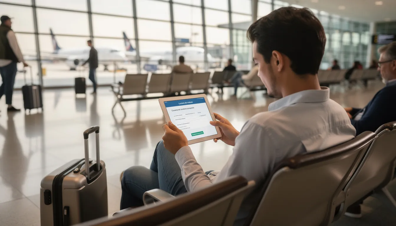 Une personne est assise dans un hall d'aéroport, consultant des documents de location de voiture sur une tablette. Elle examine les options de véhicules et les conditions de réservation, probablement pour un trajet à travers l'Europe avec un kilométrage illimité.