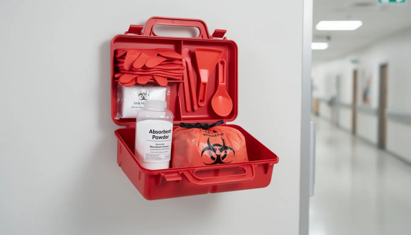 The image shows a wall-mounted biohazard spill kit featuring a bright red container, clearly labeled for safety. Inside, essential biohazard cleaning supplies are visible, including gloves and absorbent powder, designed for effective management of hazardous materials and preventing contamination in emergencies.