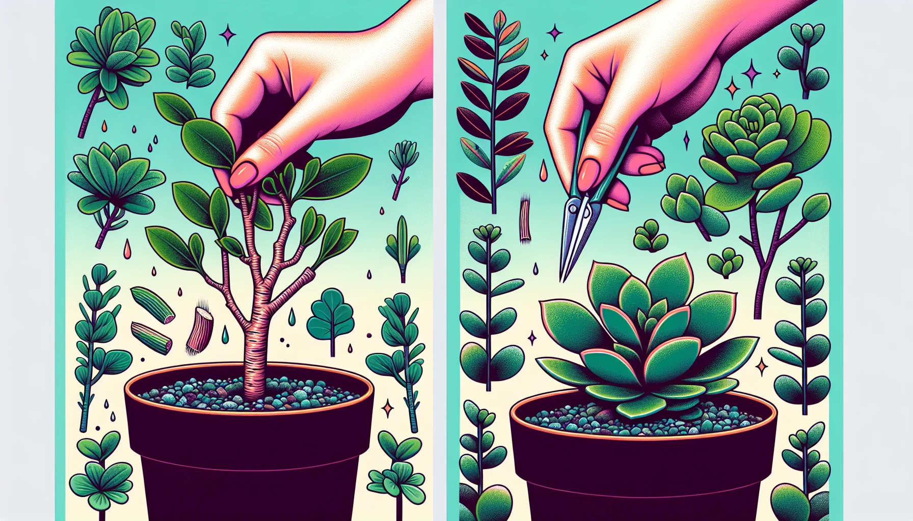 Illustration of succulent propagation, elephant bush vs jade plant