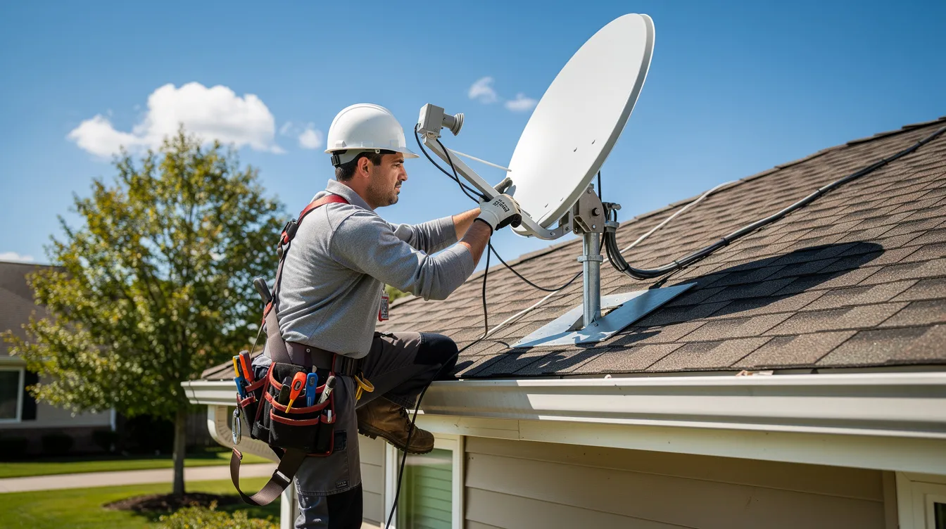 A technician is seen installing a satellite dish on a residential roof under a clear blue sky, demonstrating professional dstv installation services. This scene highlights the importance of accredited dstv installers in Goodwood for ensuring optimal signal reception and entertainment access.