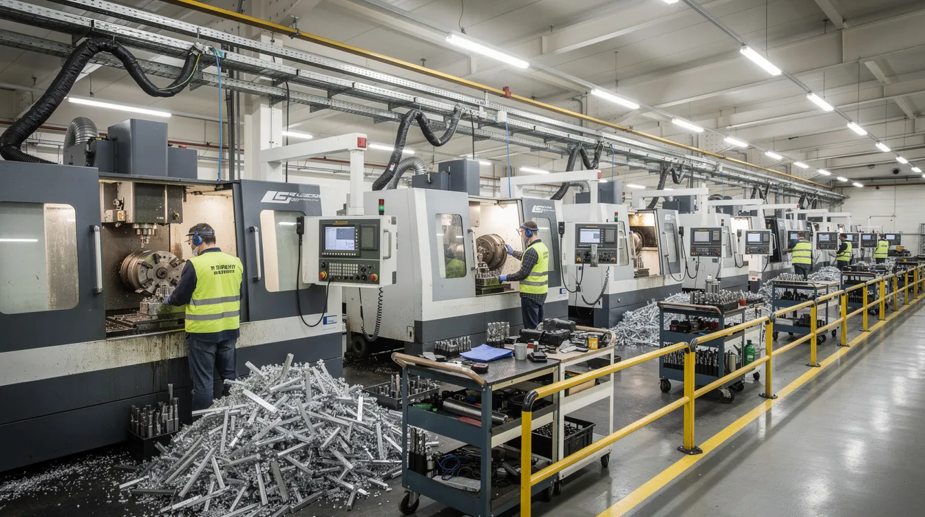 The image depicts a bustling CNC machining production floor, featuring advanced CNC machines such as milling and turning centers, all operating efficiently under bright lighting. This environment highlights the importance of precision components and reliable CNC machining services in modern manufacturing, particularly for sectors like aerospace and medical.