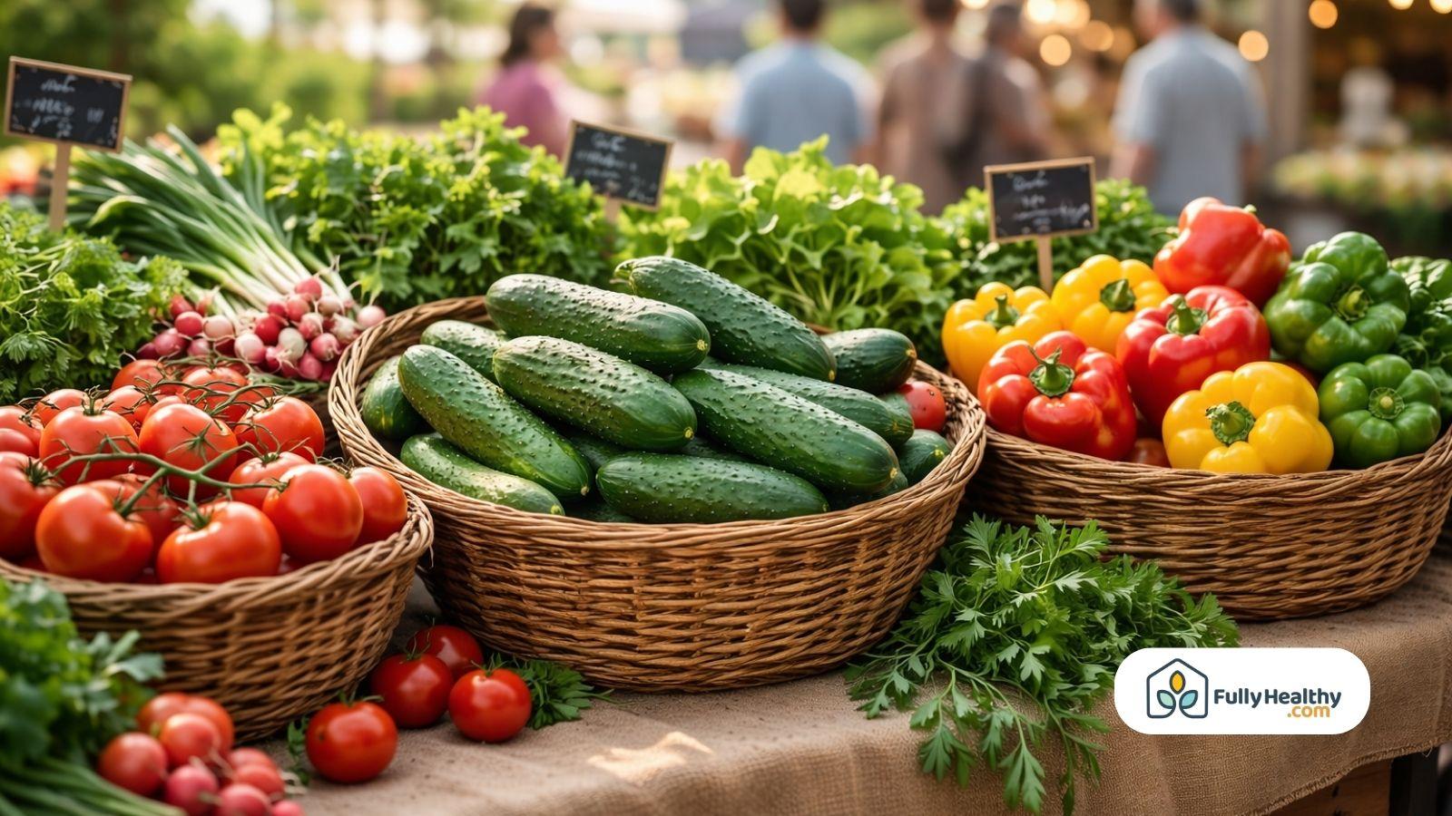 Farmers market baskets with cucumbers tomatoes peppers and fresh herbs display