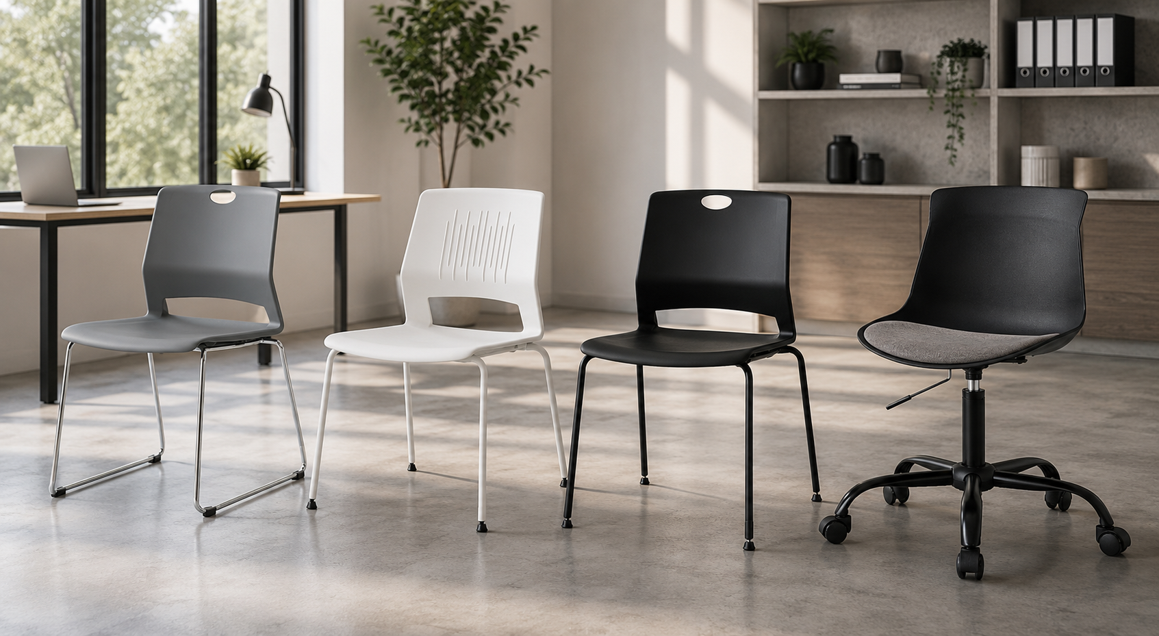 Imagen de una silla de oficina de plástico, diseñada para ofrecer confort y estilo en espacios de trabajo. La silla presenta un diseño moderno y funcional, ideal para oficinas y hogares, con ruedas para facilitar su movilidad.