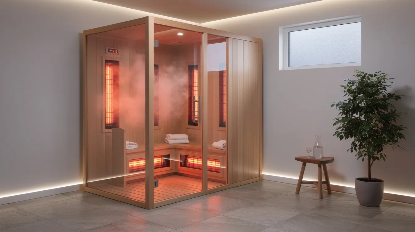 The image depicts a modern infrared sauna cabin installed in a home wellness room, designed for sauna bathing and promoting health benefits such as muscle recovery and stress reduction. This sleek cabin offers a private space for individuals to enjoy heat therapy, which can aid in calorie burn and weight management.
