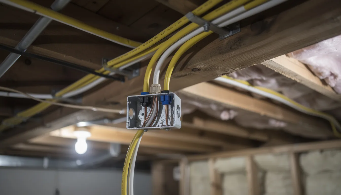 The image shows a close-up view of electrical wiring in an unfinished basement ceiling, highlighting both aluminum and copper wiring. This visible wiring setup raises safety concerns, as loose connections and exposed wires can pose a fire risk, emphasizing the need for proper aluminum wiring inspection and potential replacement by licensed electricians.
