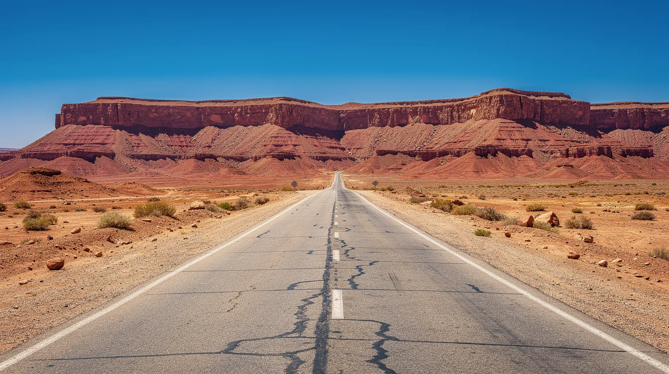 The image depicts a long desert road leading toward striking red rock formations near Ouarzazate, under a clear blue sky. This scenic route is ideal for those looking to rent a car and explore the stunning landscapes at their own pace.