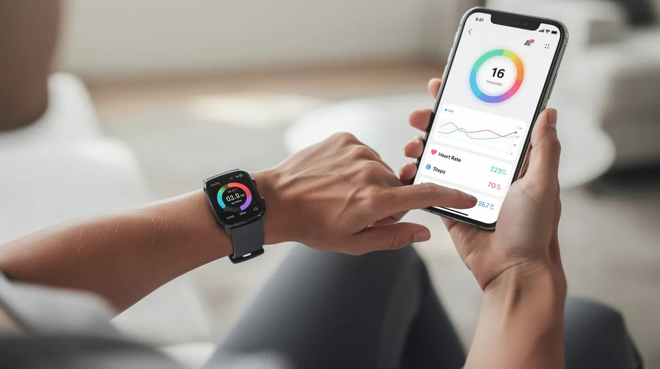 A person is wearing a fitness tracker smartwatch while checking their phone health app, which monitors various aspects of their cardiovascular health and overall wellness. This scene highlights the importance of technology in tracking vital metrics such as heart rate, sleep quality, and biological age, aligning with the principles of the Bryan Johnson blueprint protocol for health and longevity.