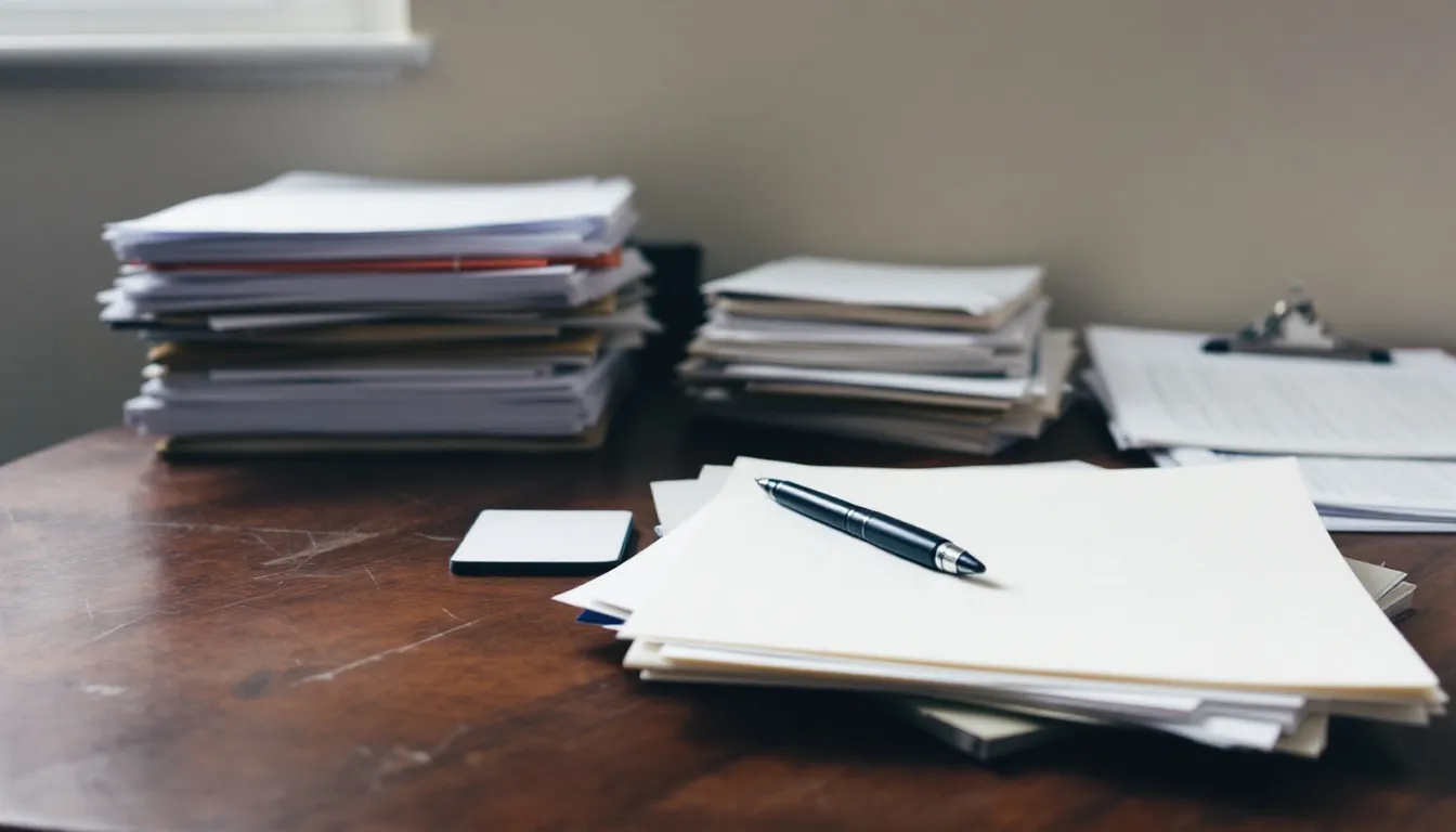Uma mesa organizada com documentos de herança, incluindo declarações e informações sobre bens móveis, está acompanhada de uma caneta. Este cenário pode representar a preparação para a transmissão causa mortis e a gestão de impostos relacionados à herança, como o ITCMD.