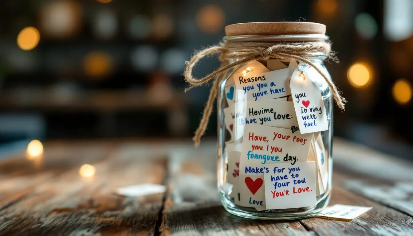 In the image, a person is sitting at a table, surrounded by colorful pieces of paper, a jar, and writing materials as they create a "reasons I love you" jar filled with heartfelt notes. This fun and thoughtful project encourages love and appreciation for friends, family, or a significant other, showcasing the importance of expressing feelings and support in life.