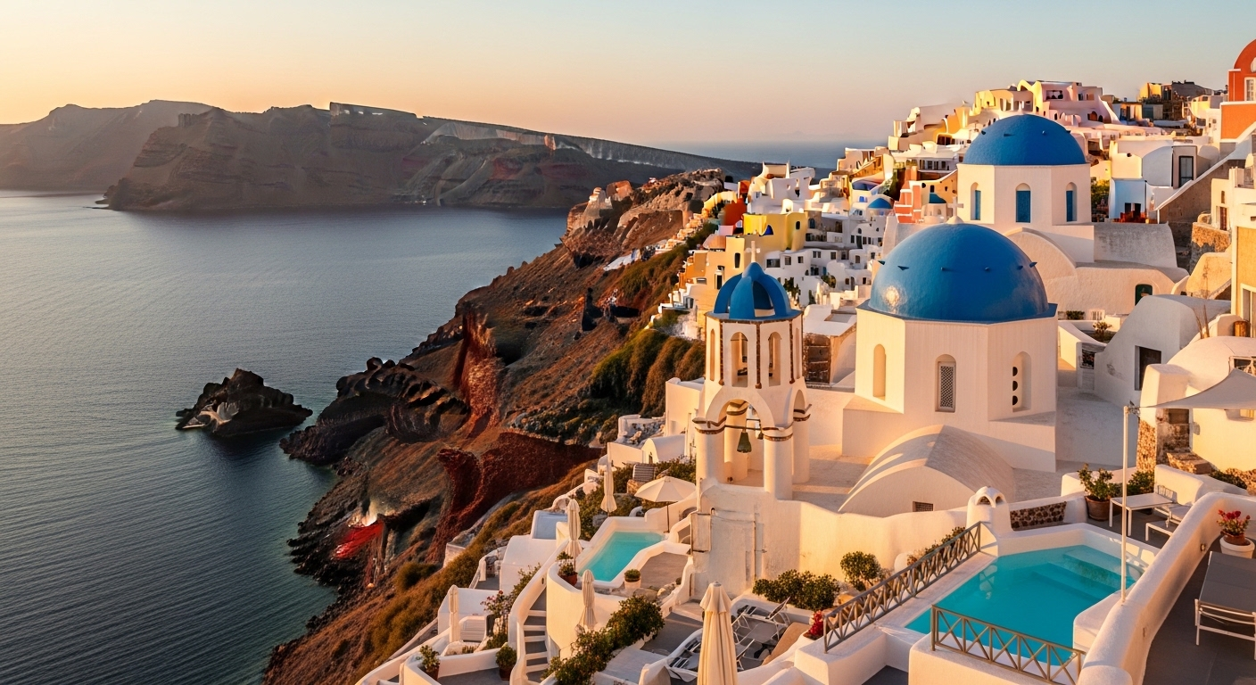 Cliffside view of Santorini with white buildings and blue domes overlooking the Aegean Sea at sunset.