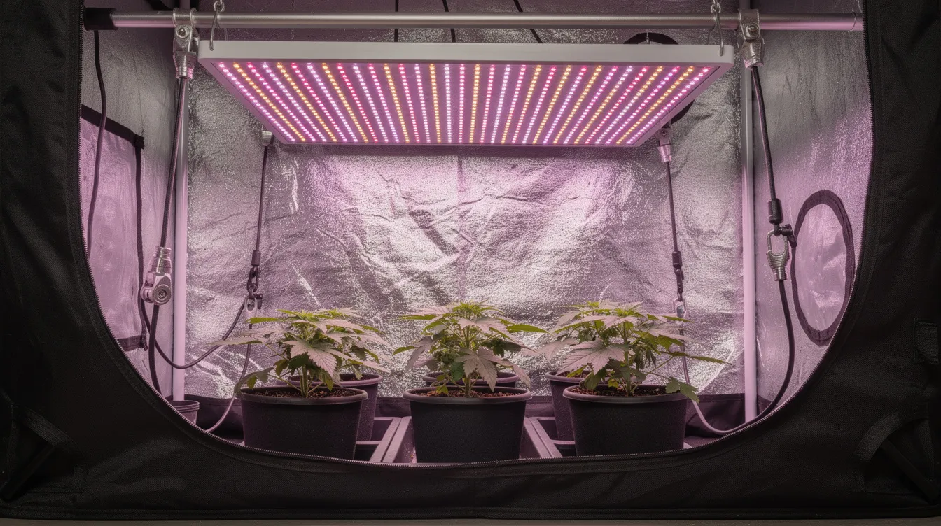 Das Bild zeigt eine growbox mit LED-Beleuchtung und einem verstellbaren Aufhängesystem, das in einem grow tent installiert ist. Die Ausstattung ist ideal für den Indoor-Anbau von Pflanzen und bietet optimale Wachstumsbedingungen.