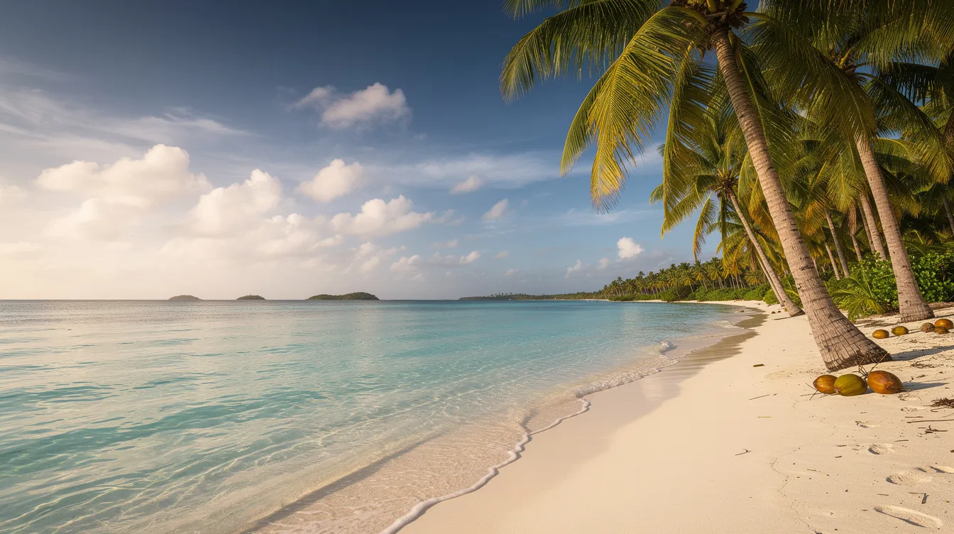 The image depicts a serene tropical Caribbean beach, featuring crystal-clear turquoise water and lush palm trees gently swaying in the breeze, creating an inviting atmosphere for travelers looking to explore beautiful destinations. South African passport holders can enjoy visa-free access to various countries, making such idyllic locations even more accessible for international travel.