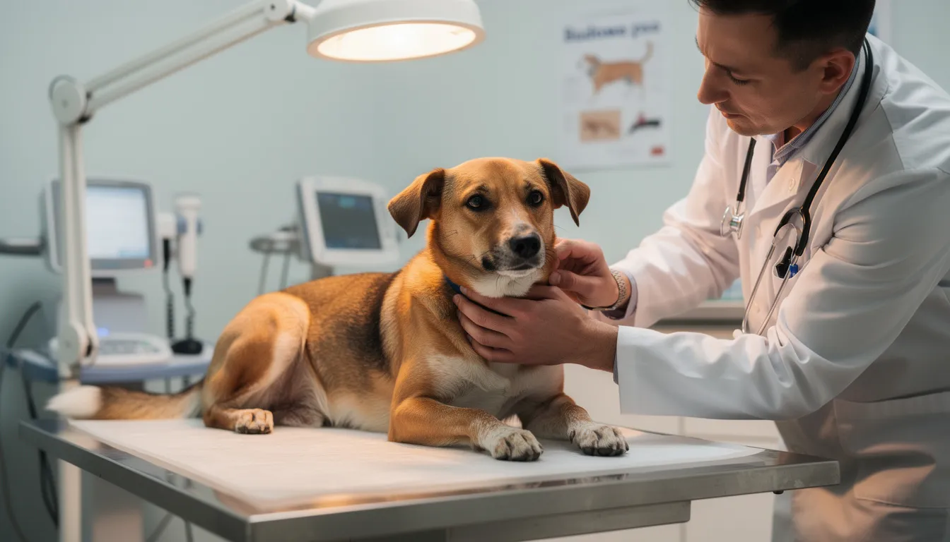 Na zdjęciu widoczny jest pies rasy mieszanej, który podczas badania weterynaryjnego leży na stole, a lekarz weterynarii delikatnie bada jego brzuch. W tle można dostrzec sprzęt medyczny, co sugeruje monitorowanie stanu zdrowia psa, co jest istotne w kontekście chorób układu pokarmowego, takich jak zapalenie jelit.